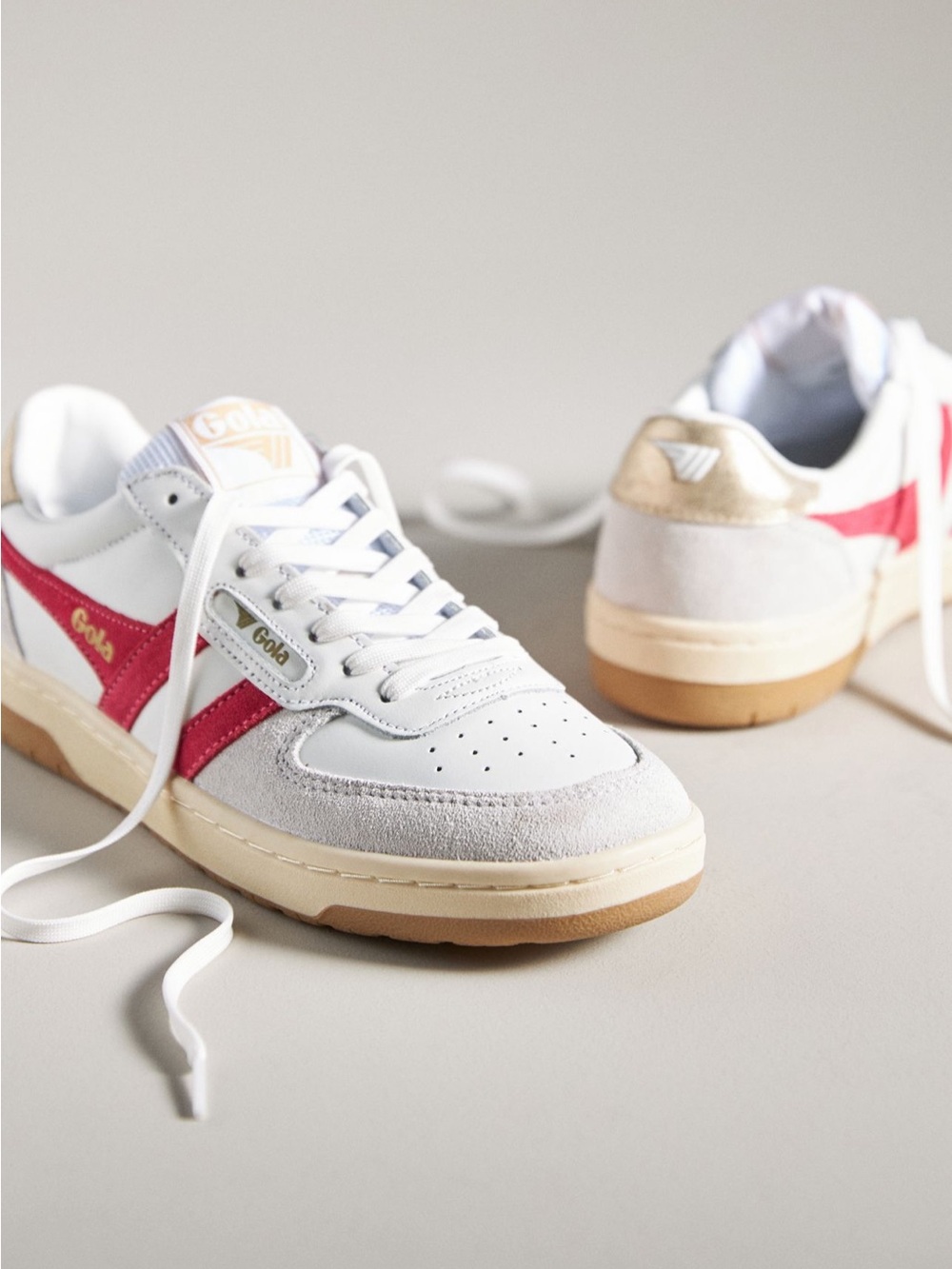 Gola White Sneakers with Raspberry Side Stripe and Gold Detail
